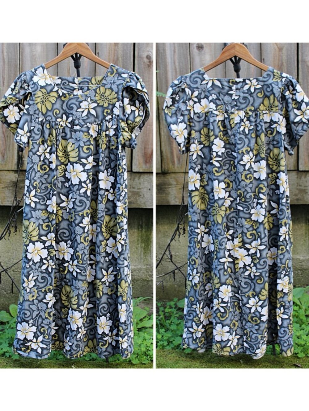 Hoku Hawaii - Women's Muu Muu-Style Kaftan Dress in Grey Hibiscus Print, Large